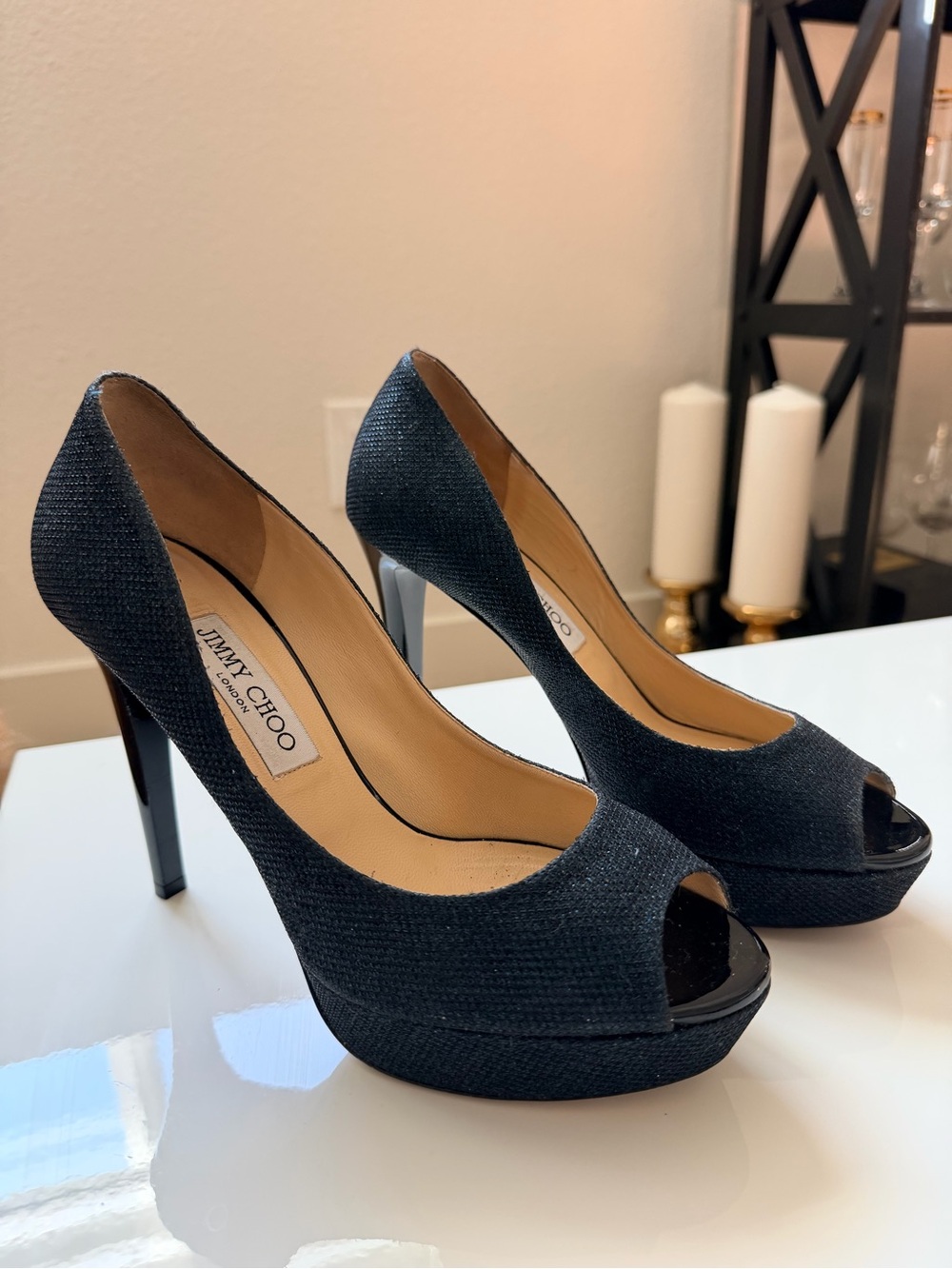 Jimmy Choo Peep-Toe Platform Pumps with Glossy heel